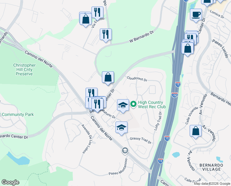 map of restaurants, bars, coffee shops, grocery stores, and more near 15959 Sunnyfield Place in San Diego
