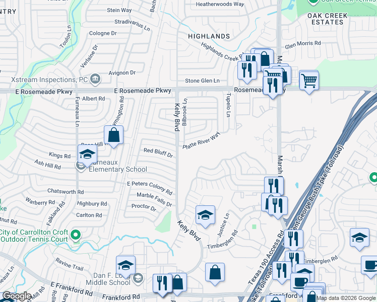 map of restaurants, bars, coffee shops, grocery stores, and more near 18702 Platte River Way in Dallas