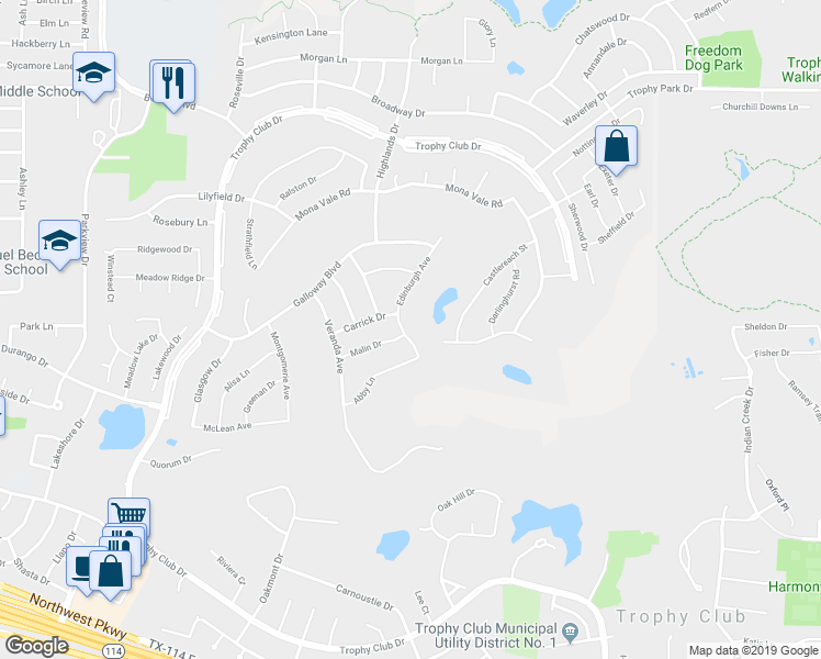 map of restaurants, bars, coffee shops, grocery stores, and more near 2208 Edinburgh Avenue in Trophy Club
