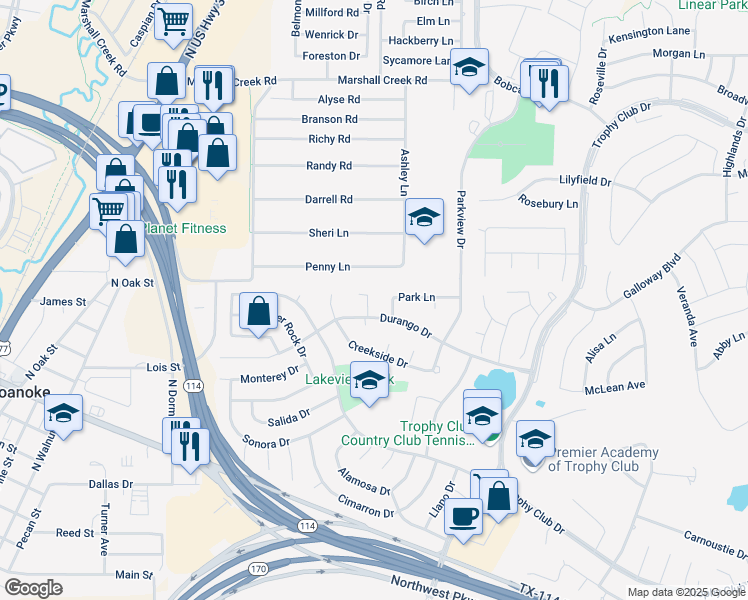 map of restaurants, bars, coffee shops, grocery stores, and more near 6 Hideaway Court in Trophy Club