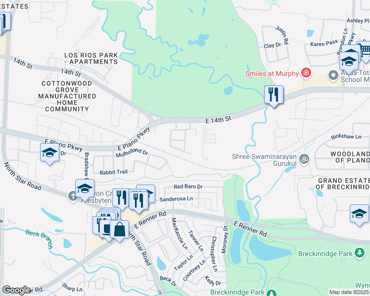 map of restaurants, bars, coffee shops, grocery stores, and more near Melcer Street in Plano