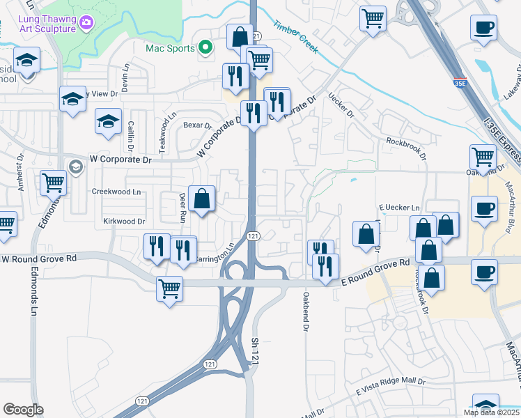 map of restaurants, bars, coffee shops, grocery stores, and more near 2345 South State Highway 121 in Lewisville