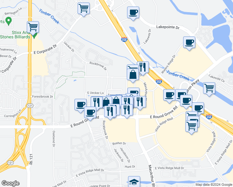 map of restaurants, bars, coffee shops, grocery stores, and more near 395 Teague Drive in Lewisville