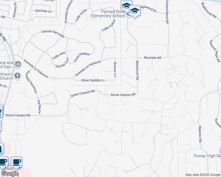 map of restaurants, bars, coffee shops, grocery stores, and more near 13310 Stone Canyon Road in Poway