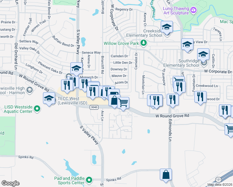 map of restaurants, bars, coffee shops, grocery stores, and more near 997 East Villas Court in Lewisville