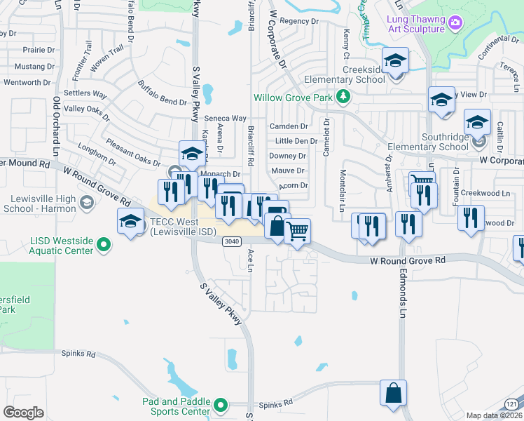 map of restaurants, bars, coffee shops, grocery stores, and more near 1015 West Villas Court in Lewisville