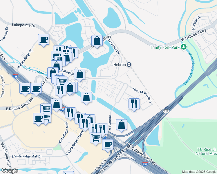 map of restaurants, bars, coffee shops, grocery stores, and more near 6108 Penn Station Parkway in Lewisville