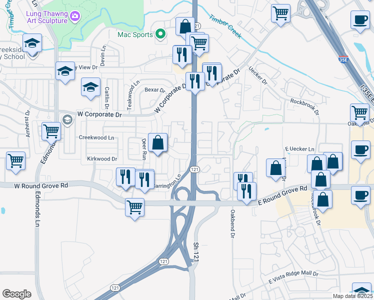 map of restaurants, bars, coffee shops, grocery stores, and more near 2345 South State Highway 121 in Lewisville