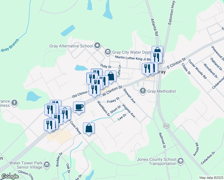 map of restaurants, bars, coffee shops, grocery stores, and more near West Clinton Street in Gray