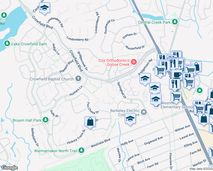 map of restaurants, bars, coffee shops, grocery stores, and more near 133 Shropshire Street in Goose Creek