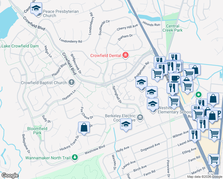 map of restaurants, bars, coffee shops, grocery stores, and more near 15 Rudwick Circle in Goose Creek