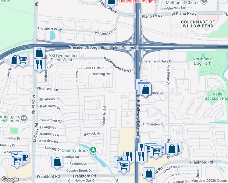 map of restaurants, bars, coffee shops, grocery stores, and more near 4460 Whitewater Lane in Dallas