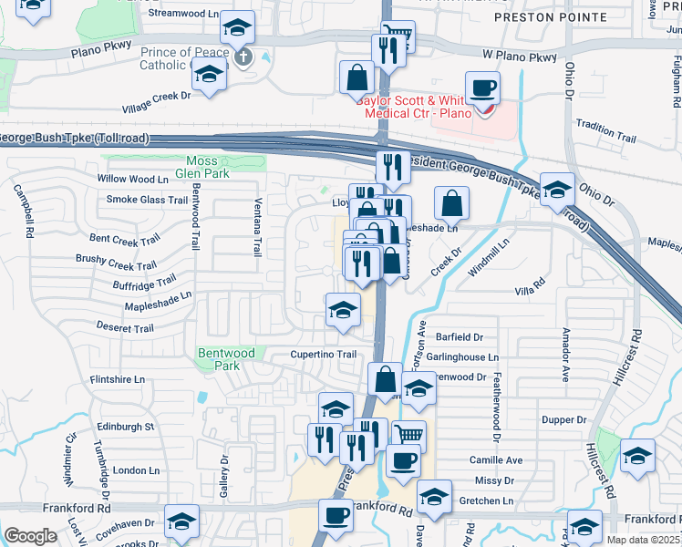 map of restaurants, bars, coffee shops, grocery stores, and more near 19251 Preston Road in Dallas