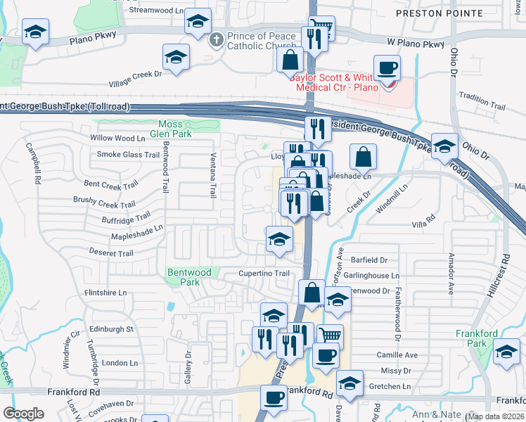 map of restaurants, bars, coffee shops, grocery stores, and more near 19251 Preston Road in Dallas