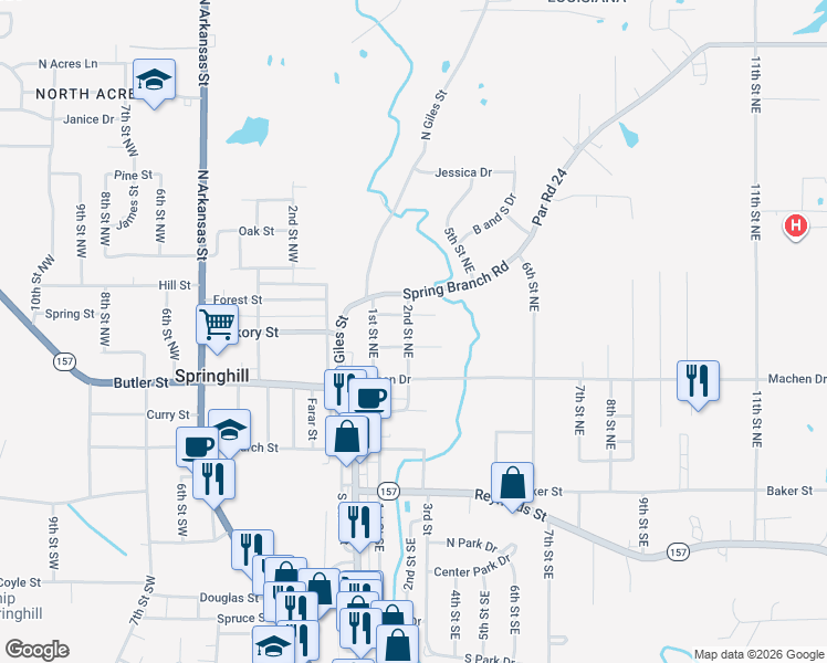 map of restaurants, bars, coffee shops, grocery stores, and more near 200 Elmwood St in Springhill