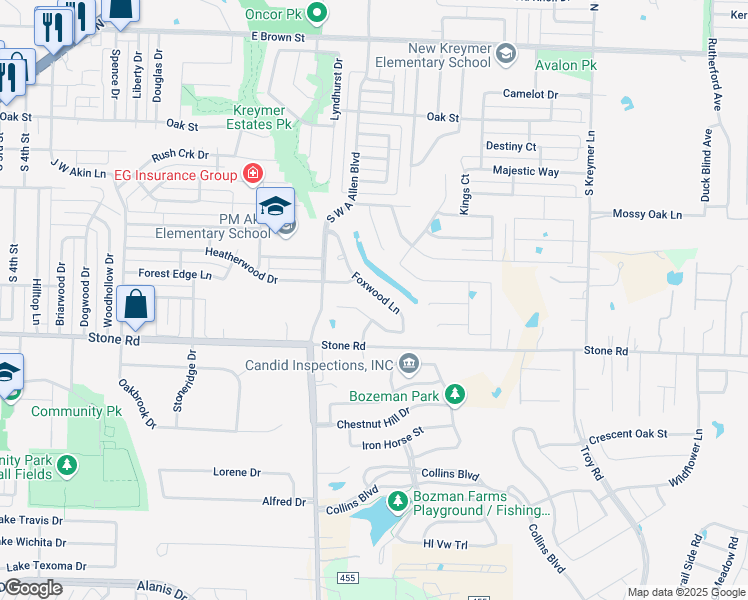 map of restaurants, bars, coffee shops, grocery stores, and more near 409 Foxwood Lane in Wylie