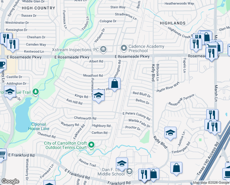 map of restaurants, bars, coffee shops, grocery stores, and more near 2132 Kings Road in Carrollton