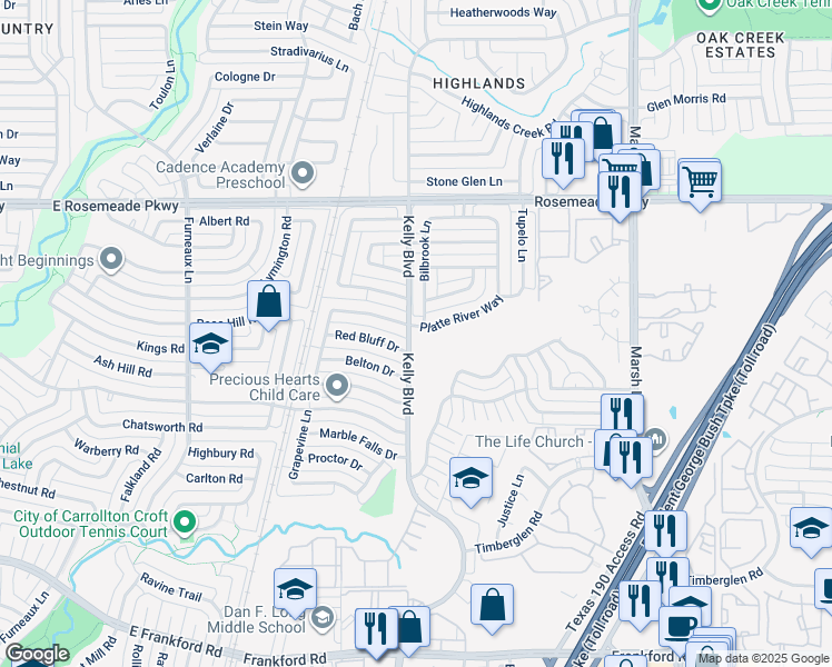 map of restaurants, bars, coffee shops, grocery stores, and more near 18702 Platte River Way in Dallas