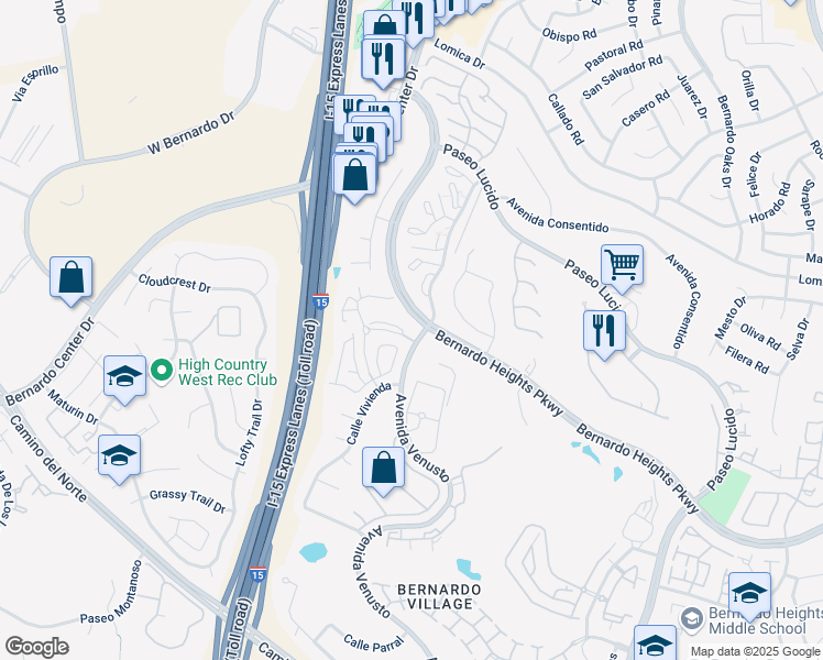 map of restaurants, bars, coffee shops, grocery stores, and more near 16102 Avenida Venusto in San Diego