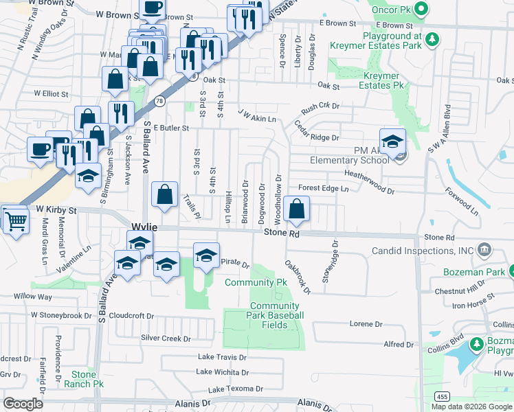 map of restaurants, bars, coffee shops, grocery stores, and more near 407 Briarwood Drive in Wylie