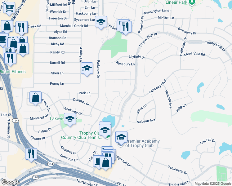 map of restaurants, bars, coffee shops, grocery stores, and more near 9 Avalon Drive in Trophy Club