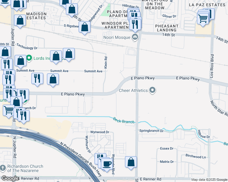 map of restaurants, bars, coffee shops, grocery stores, and more near 3299 East Plano Parkway in Plano