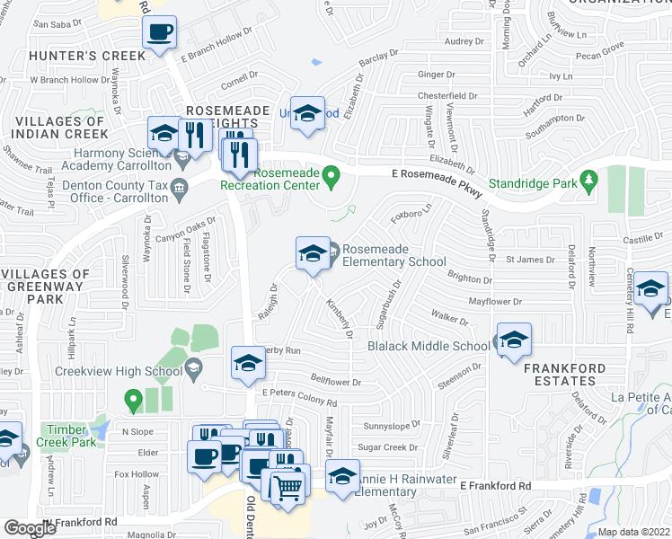 map of restaurants, bars, coffee shops, grocery stores, and more near 3550 Kimberly Drive in Carrollton