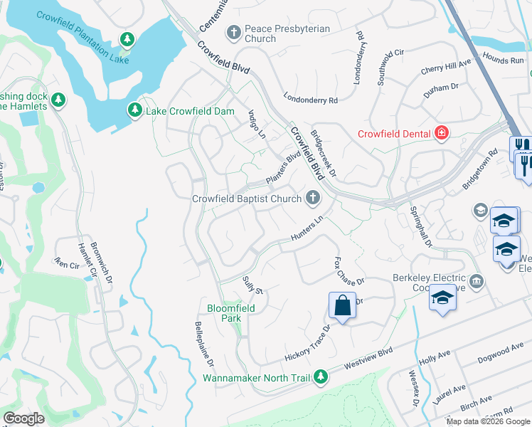 map of restaurants, bars, coffee shops, grocery stores, and more near 102 Chownings Lane in Goose Creek