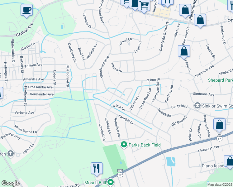 map of restaurants, bars, coffee shops, grocery stores, and more near 111 Woodward Boulevard in Summerville
