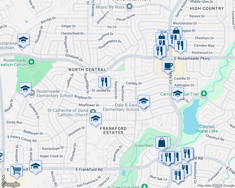 map of restaurants, bars, coffee shops, grocery stores, and more near 3232 Delaford Drive in Carrollton