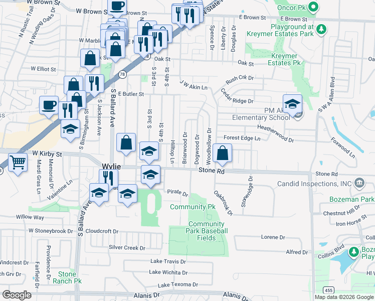 map of restaurants, bars, coffee shops, grocery stores, and more near 407 Briarwood Drive in Wylie