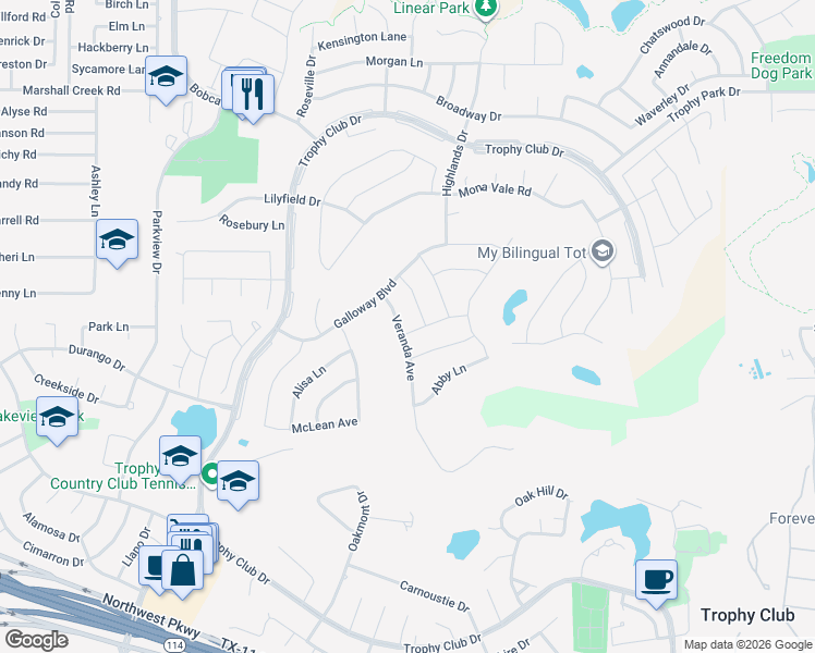 map of restaurants, bars, coffee shops, grocery stores, and more near 2240 Veranda Avenue in Trophy Club