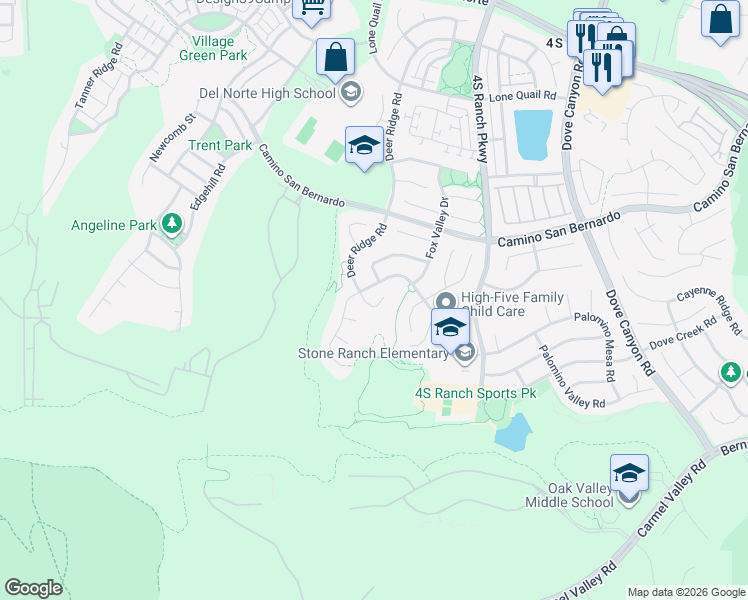 map of restaurants, bars, coffee shops, grocery stores, and more near 16225 Deer Ridge Road in San Diego
