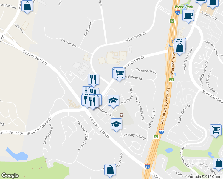 map of restaurants, bars, coffee shops, grocery stores, and more near 15959 Sunnyfield Place in San Diego