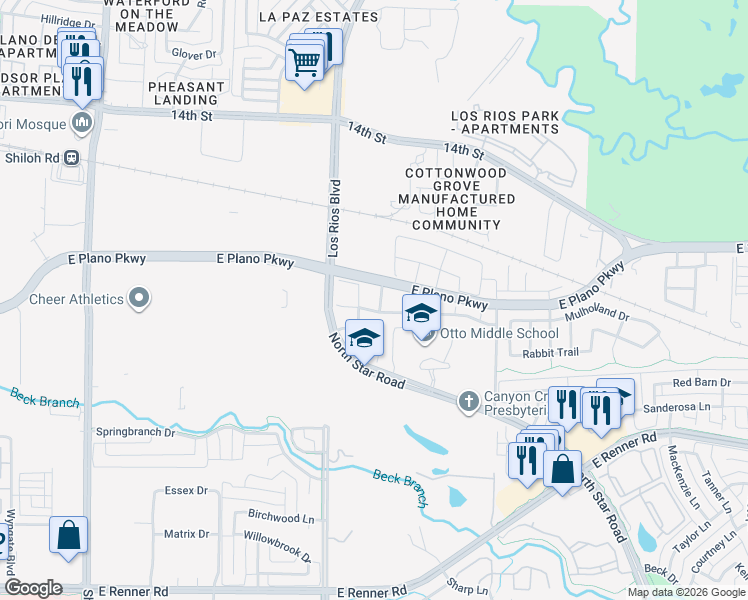 map of restaurants, bars, coffee shops, grocery stores, and more near 705 Shrewsbury Place in Plano