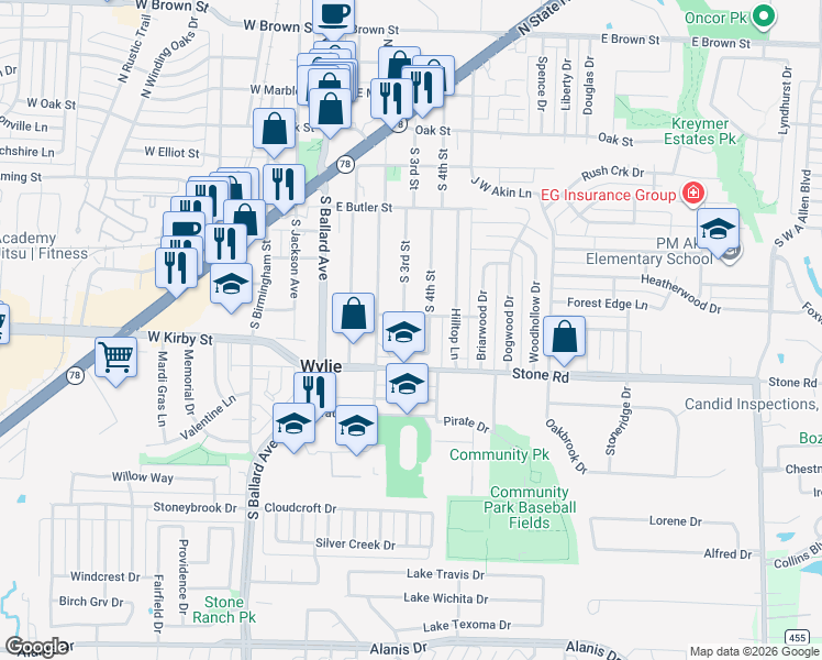 map of restaurants, bars, coffee shops, grocery stores, and more near 2 Trails Place in Wylie