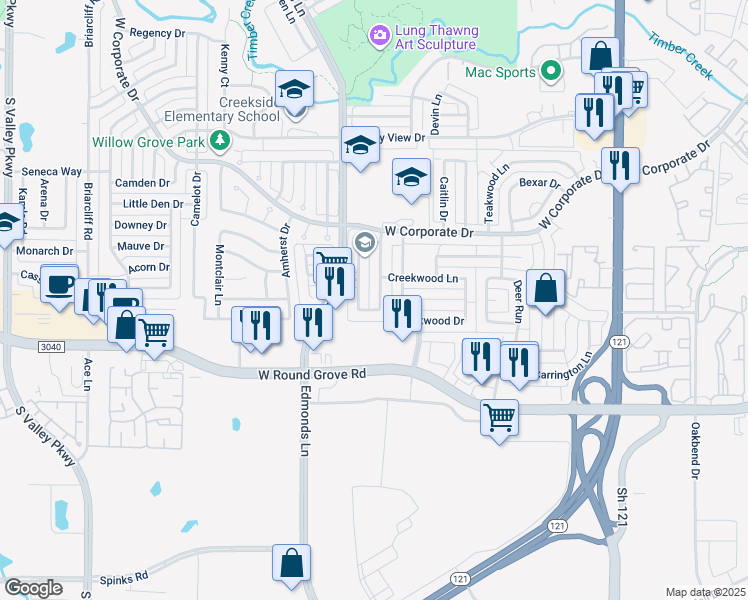 map of restaurants, bars, coffee shops, grocery stores, and more near 2144 Fountain Drive in Lewisville