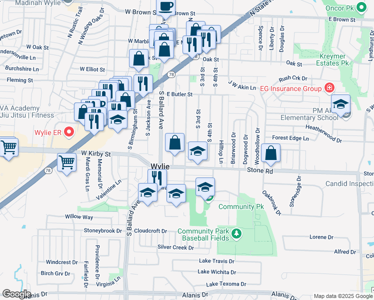 map of restaurants, bars, coffee shops, grocery stores, and more near 14 Trails Place in Wylie