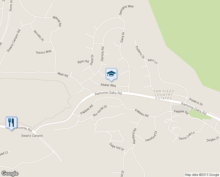 map of restaurants, bars, coffee shops, grocery stores, and more near 24905 Abalar Way in Ramona