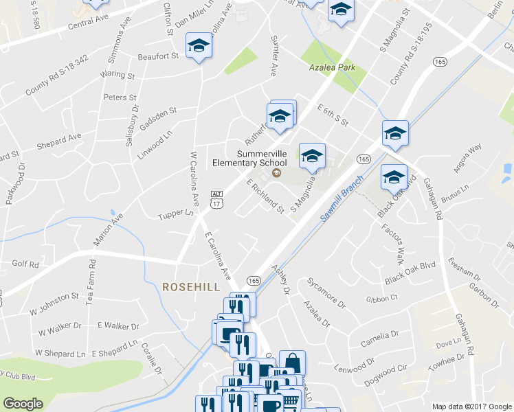 map of restaurants, bars, coffee shops, grocery stores, and more near 105 Graham Lane in Summerville