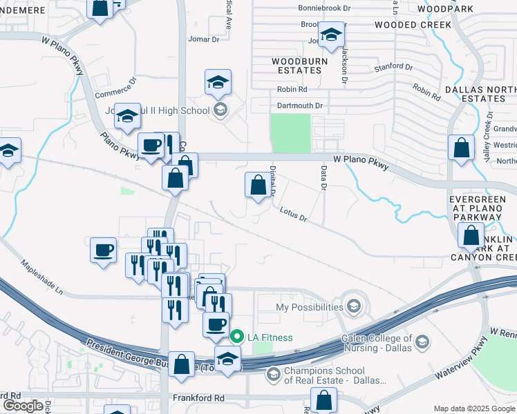 map of restaurants, bars, coffee shops, grocery stores, and more near 625 Digital Drive in Plano