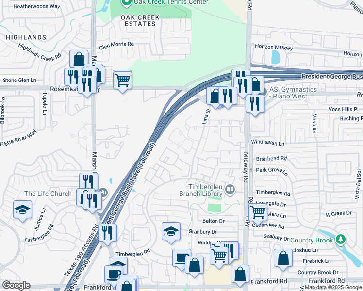 map of restaurants, bars, coffee shops, grocery stores, and more near 18809 Lina Street in Dallas