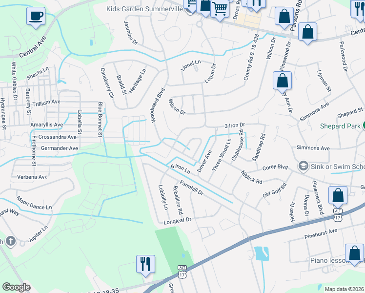 map of restaurants, bars, coffee shops, grocery stores, and more near 111 Woodward Boulevard in Summerville