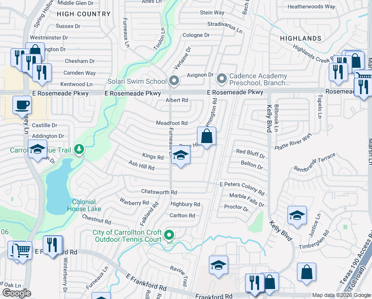 map of restaurants, bars, coffee shops, grocery stores, and more near 2112 Rose Hill Road in Carrollton