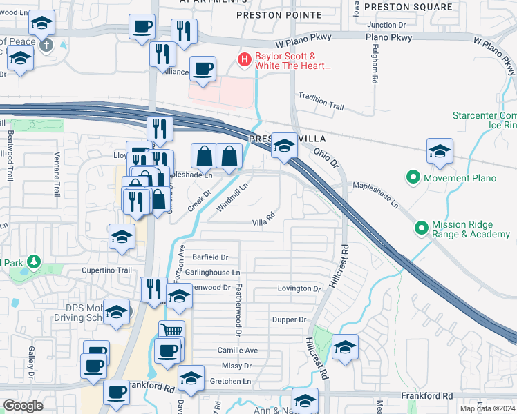 map of restaurants, bars, coffee shops, grocery stores, and more near 6309 Windmill Circle in Dallas