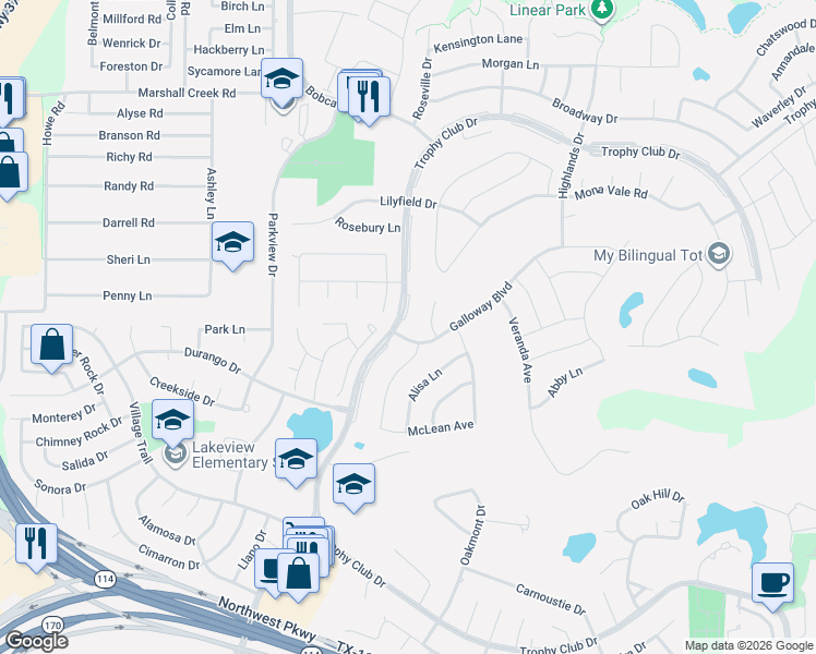 map of restaurants, bars, coffee shops, grocery stores, and more near 2300 Trophy Club Drive in Roanoke