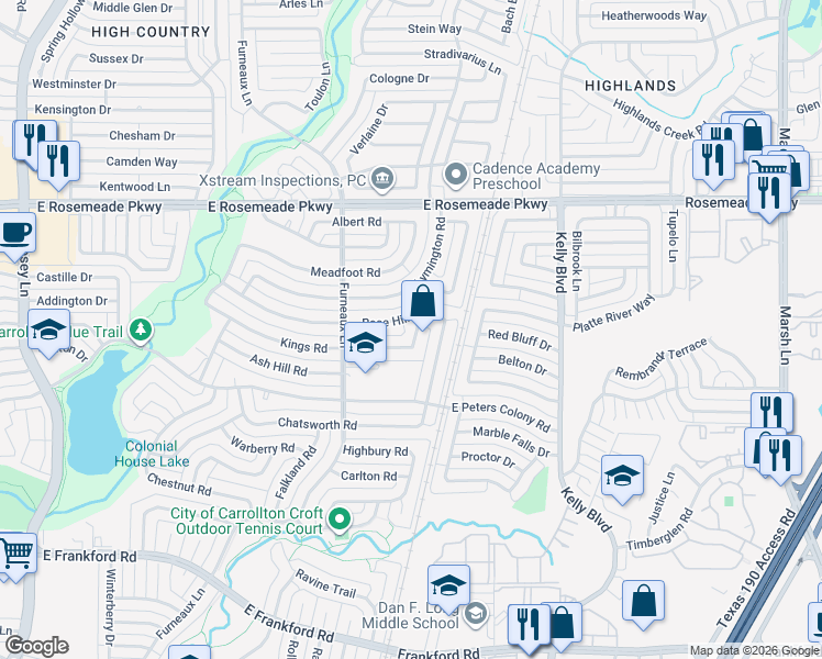 map of restaurants, bars, coffee shops, grocery stores, and more near 2132 Kings Road in Carrollton