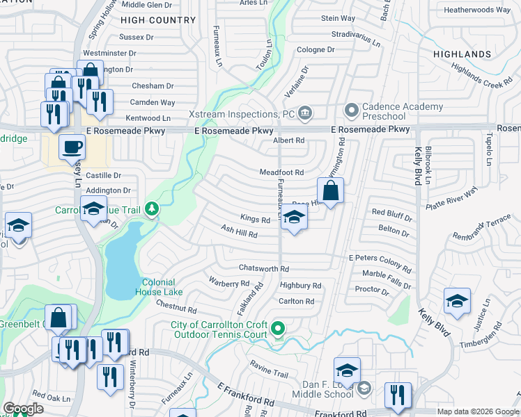 map of restaurants, bars, coffee shops, grocery stores, and more near 2036 Rose Hill Road in Carrollton