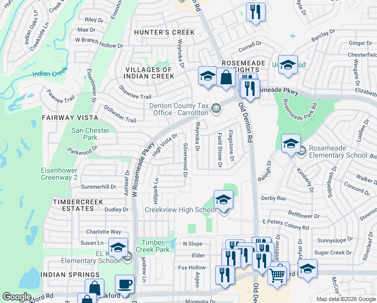 map of restaurants, bars, coffee shops, grocery stores, and more near 3615 Waynoka Drive in Carrollton
