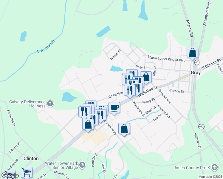 map of restaurants, bars, coffee shops, grocery stores, and more near 240 Old Clinton Road in Gray
